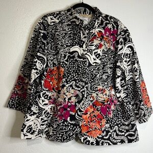 Choices Black & White Patterned Cotton Jacket w/Appliqued Floral Accents. Sz XL.
